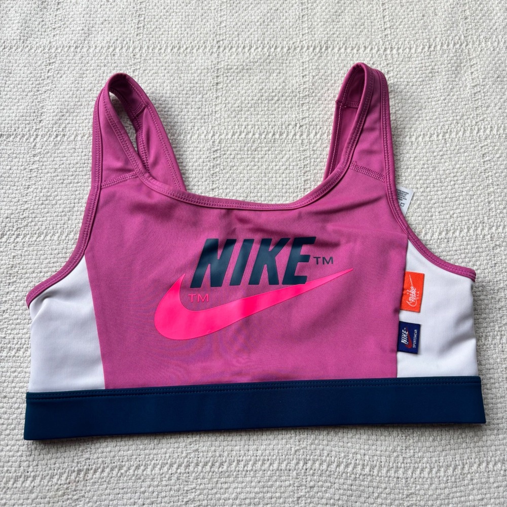 Women's Medium NIKE Dri-Fit Icon Clash Magenta Pink Navy Logo Sports Bra